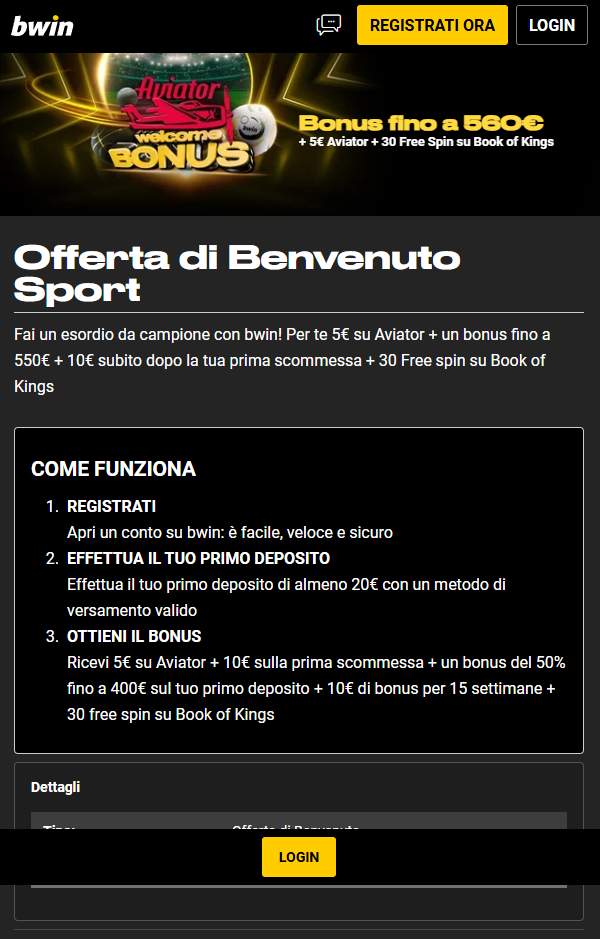 offerta benvenuto bwin