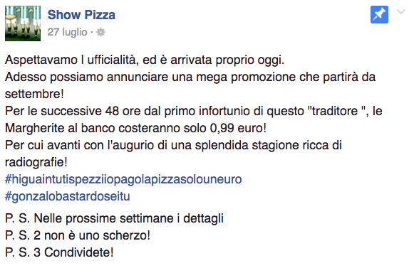 Higuain pizza infortunio