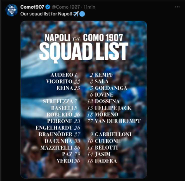 I convocati di Fabregas per Napoli-Com