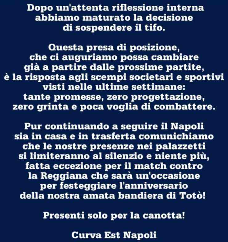 Il comunicato Curva Est Napoli Basket