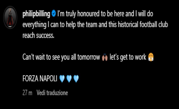 Philip Billing su Instagram si presenta ai tifosi del Napoli