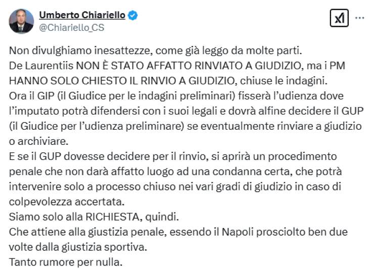 Umberto Chiariello su X difende De Laurentiis